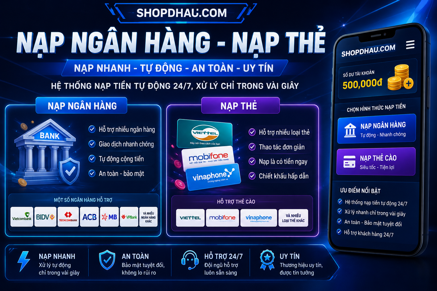 Nạp Tiền Tự Động Qua Ngân Hàng Và Thẻ Cào Tại ShopDhau 24/7
