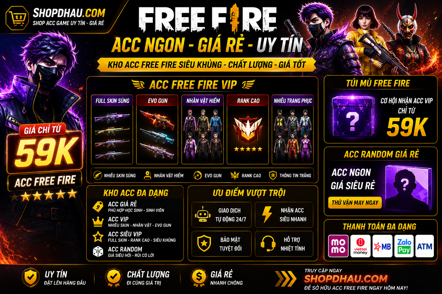 Túi Mù Free Fire Giá Rẻ – Random Acc FF VIP Hấp Dẫn Tại ShopDhau